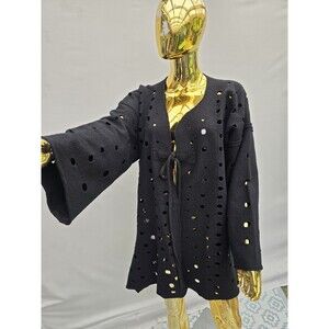 Barbara De Jounge Eyelet Laser cut Asymmetrical Art Black Cardigan One Size